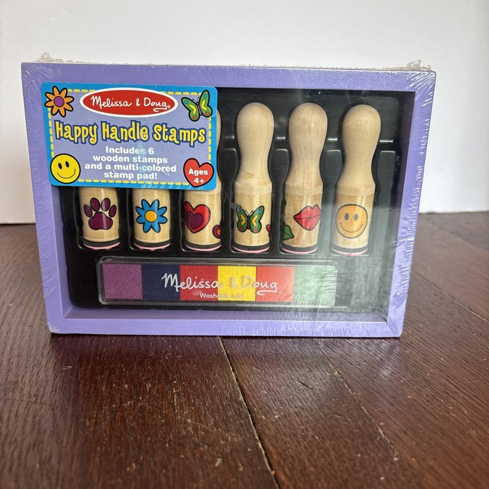 Melissa & Doug Happy Handles Wooden Stamp Set: 6 Stamps & 6-Color Stamp Pad New